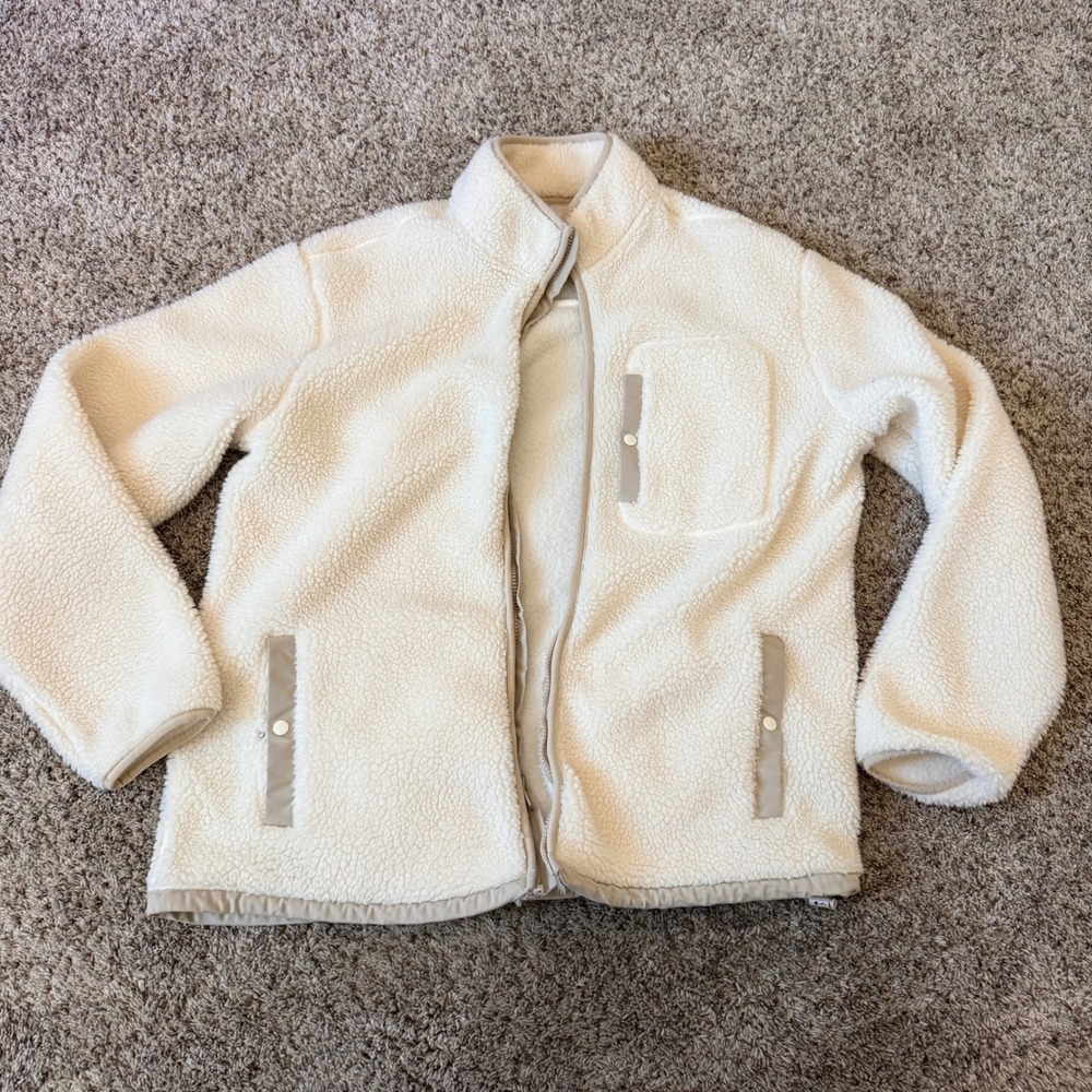 Old Navy Mens Sherpa Fleece Jacket Cream Tan Full Zip Mock Neck L Tall